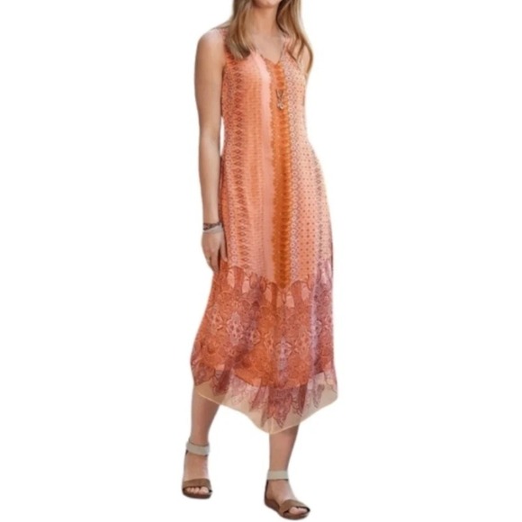 Sundance Dresses & Skirts - Sundance Orange Paisley Geometric Print V-Neck Sleeveless Midi Dress Size 6